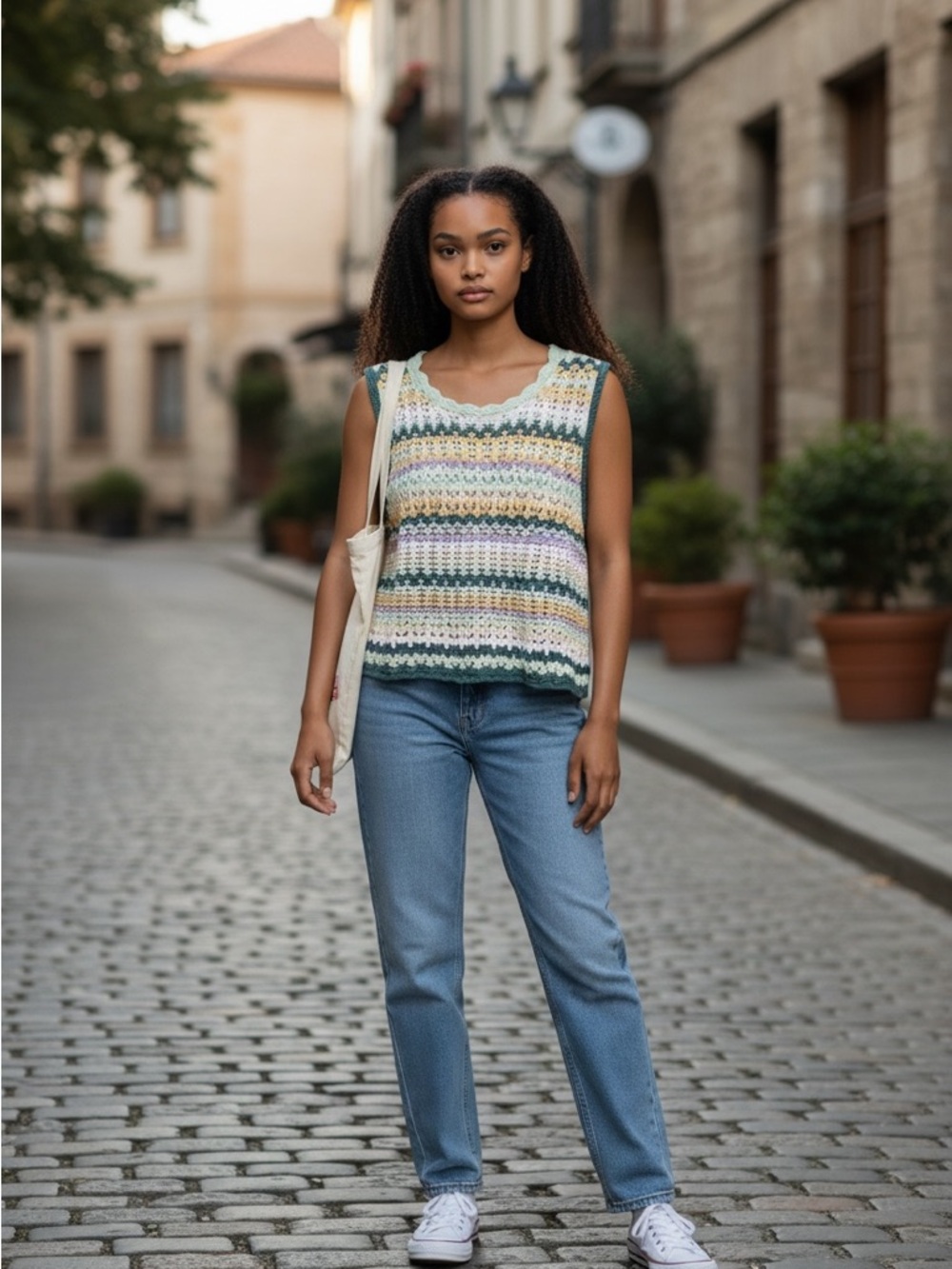 Universal Thread Multicolor Crochet Tank Top in Pastel and Olive Stripes XXL